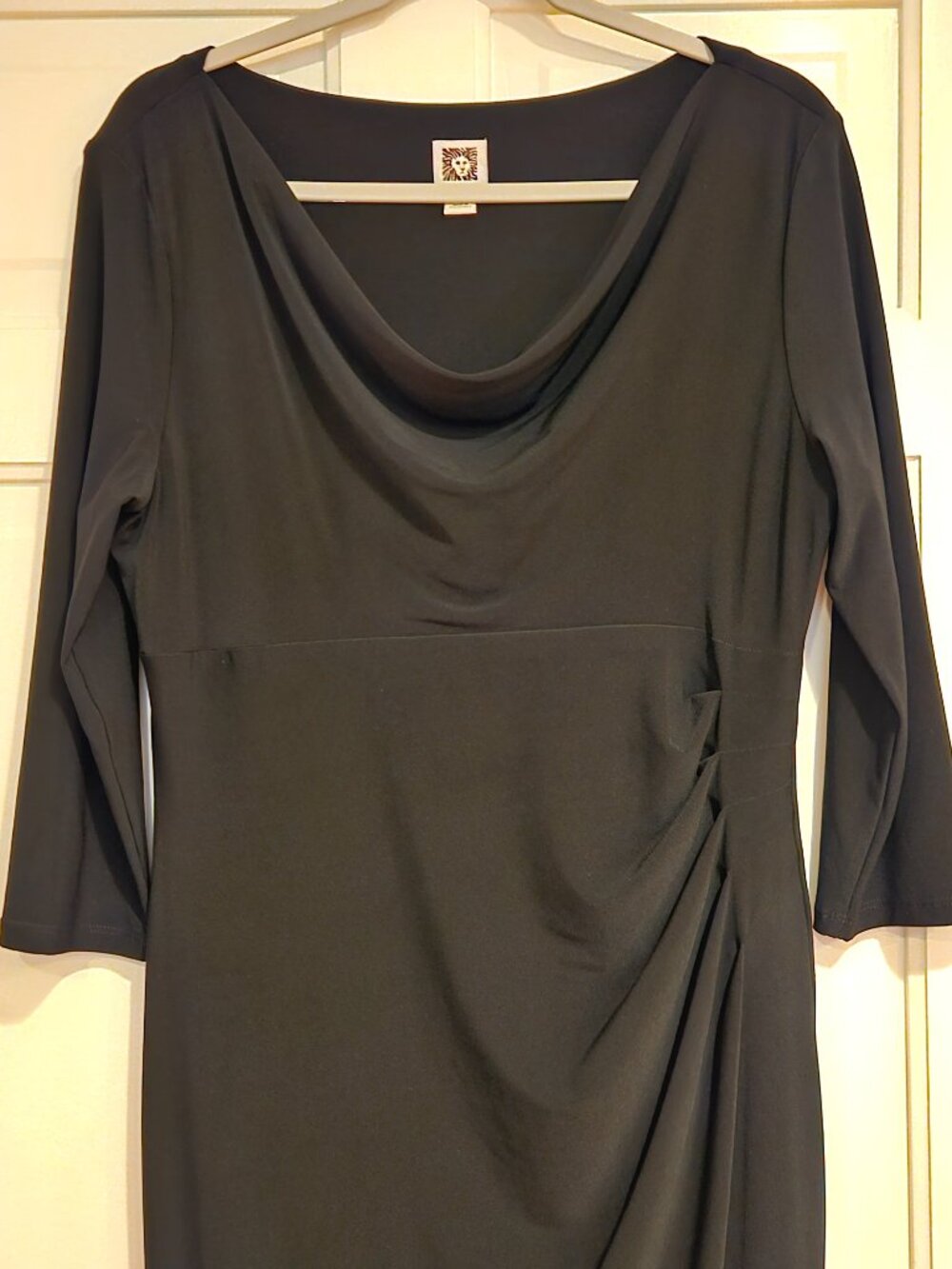 Anne Klein Black Cowl Neck Sheath Dress Size 12 3/4 Sleeve Career Work Lined